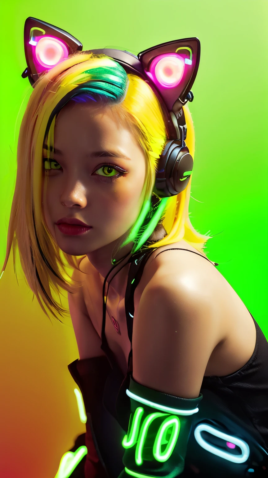 masterpiece, highest quality, 4K, Photorealistic, bokeh, enlightenment,1 perfect portrait of a girl, (A fascinating eye for perfect detail:1.2), colorful hair, (gradient hair), (neon yellow hair:1.6), (Cat ear:1.2), fantasy background, (exposed bare shoulders), (long-term alienation sleeve), (lean forward a little), head tilt, movie lighting, oversized clothes, (seductive pose:1.4), (neon yellow background:1.6), Light green beautiful ears,