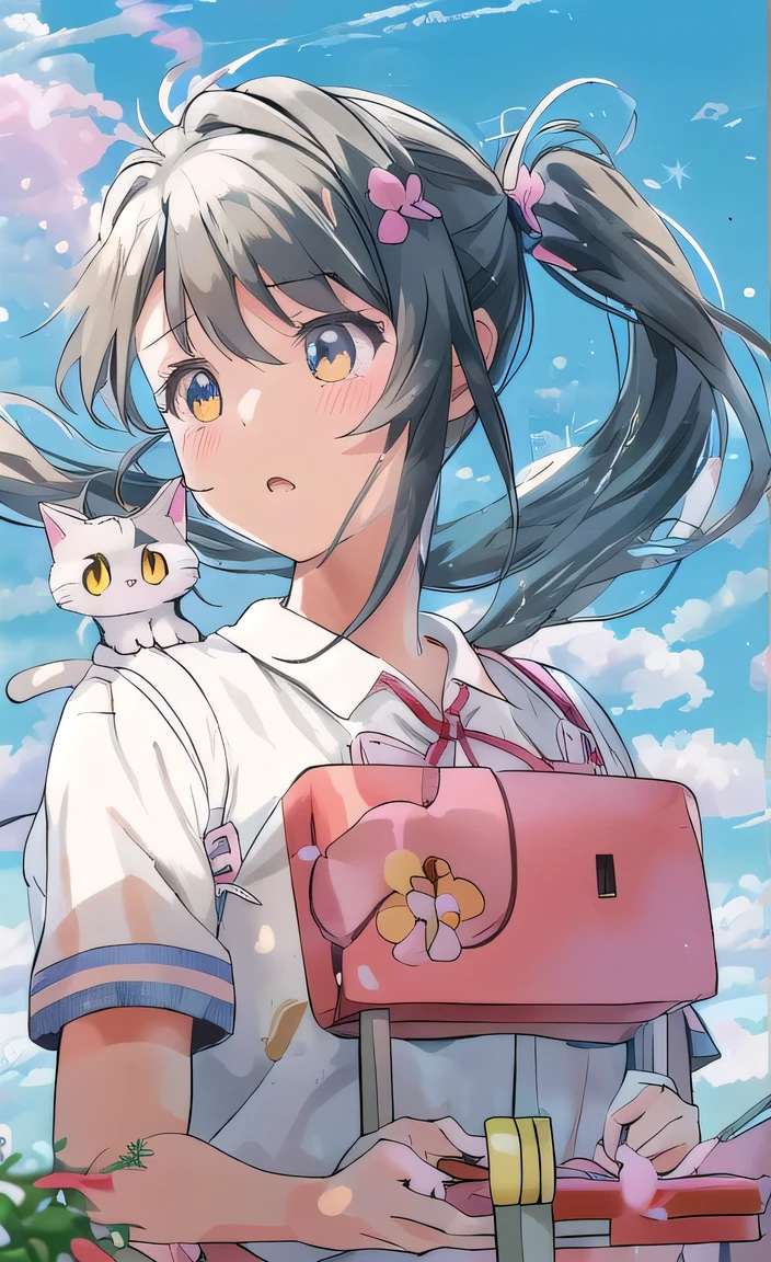 Ponytailed anime girl holding a cat and a box、Moe art style of anime、かわいいanime cat girl、非常に美しいanime catの女の子、anime style 4k、Cat ears anime girl、anime cat girl、美しいanime cat girl、Cute girl anime visuals、anime cat、White Cat Girl、anime! 4K、anime! 4k