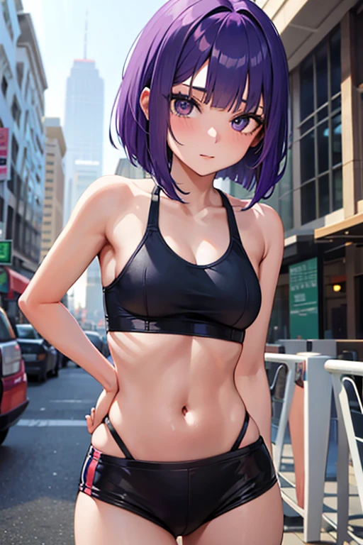 ager Girl with purple bob cut, looking at camera.