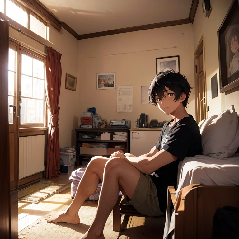 a messy bedroom in ghibli style with a cute girl petting a black cat