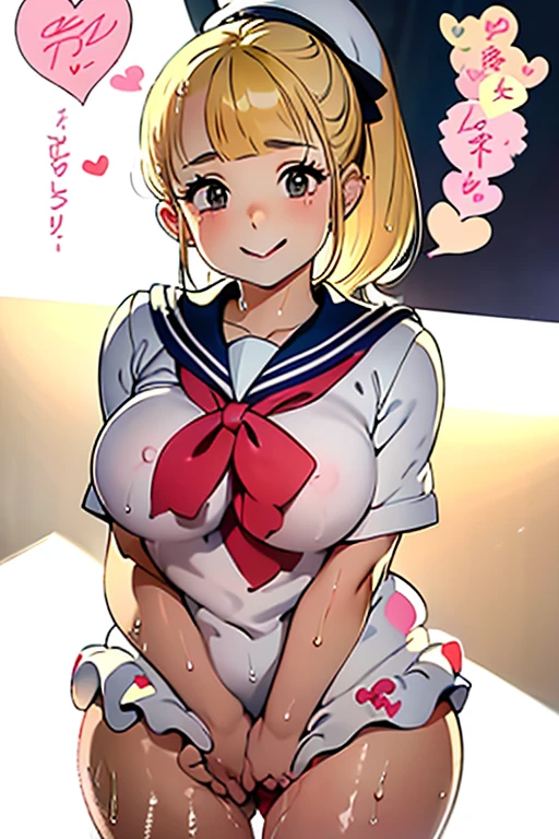 Blonde ponytail、Colossal tits、(sexypose:1.4)、(blushed face:1.4)、A smile、put out the tongue、((Heart-shaped pupil))、happily face、(((a sailor suit)))、Black stockings、perfect anatomia、Long body、Older sister who dotes on her brother、((The crotch is wet))