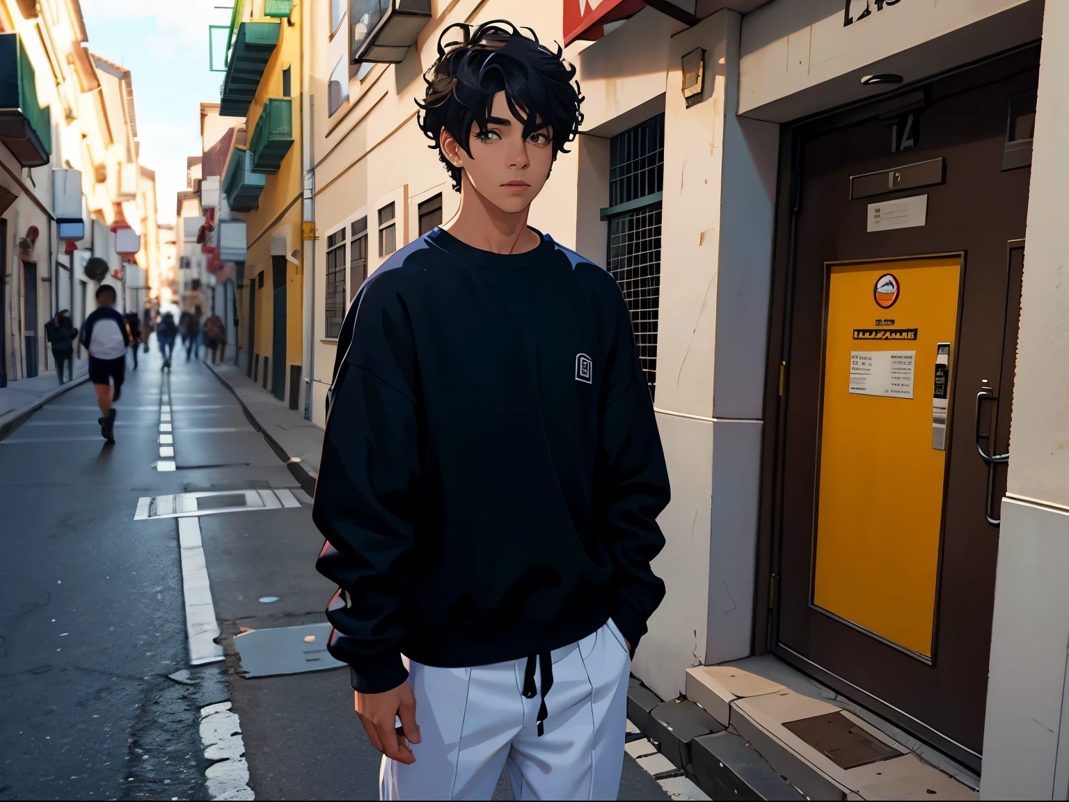 ,Un joven con el pelo negro corto se encuentra en la calle.,Next to him was a burly young man wearing casual sweatshirts..