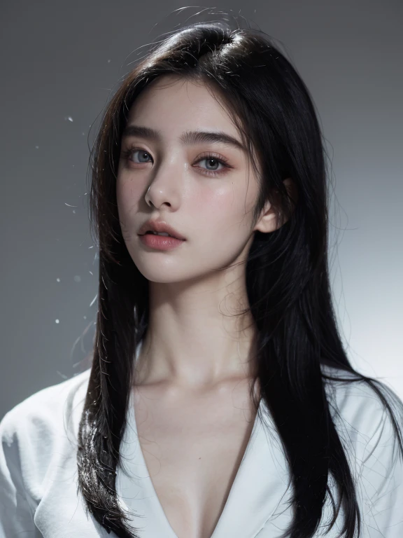 ( masterpiece, top quality, best quality,8k,17 years old girl,ultra detailed,raw photo:1.5),(photorealistic:1.4), (straight black hair:1.5), (cinematic lighting), PerfectNwsjMajic, , Surrealism, UHD, ccurate, Super detail, textured skin, High detail, Best quality, dynamic angle, White skin,[Beautiful blue eyes], high nose,[flat chest:large breasts:0.5],(1girl),(good anatomy:0.5)),(snow)