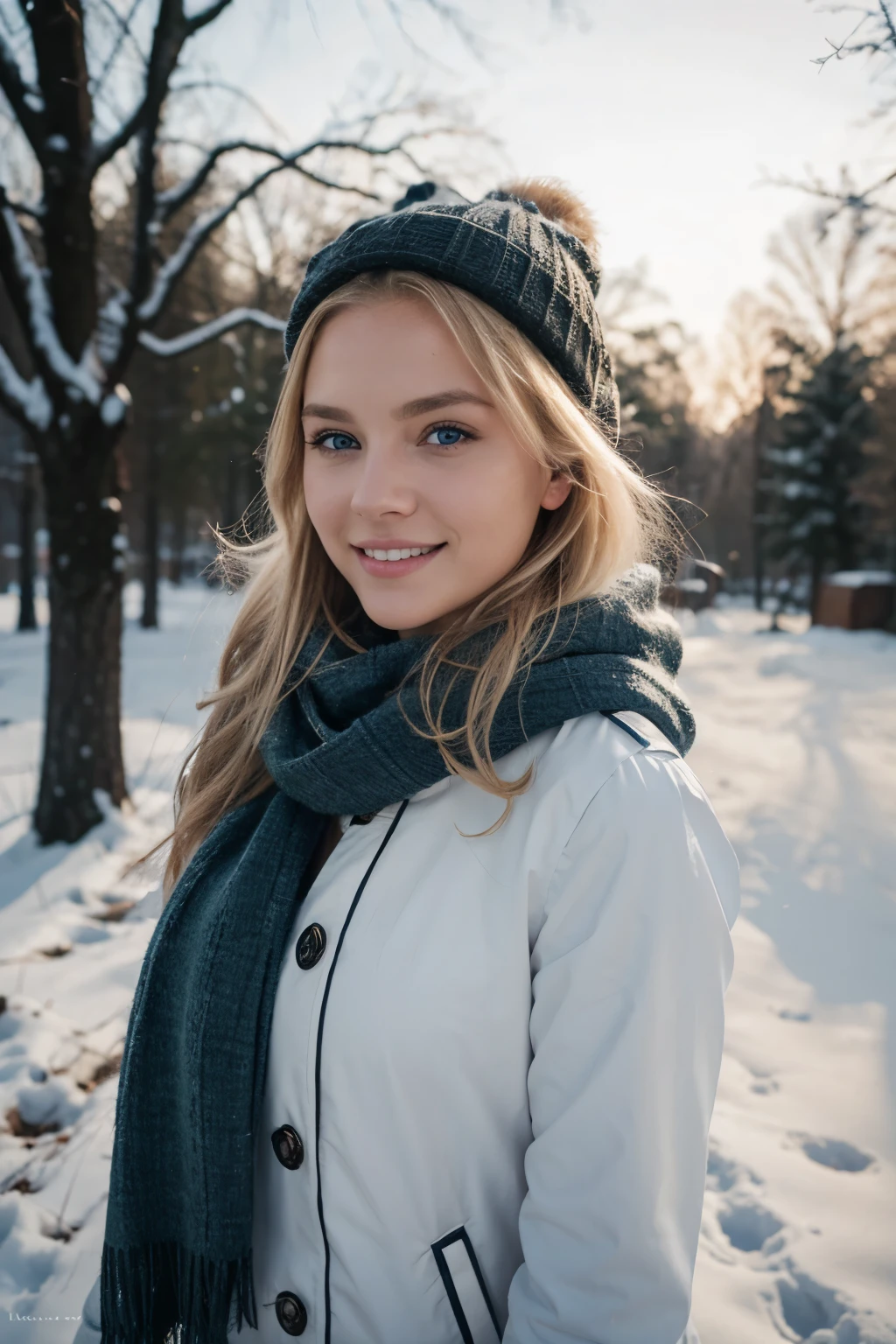 do a selfie, having a walk with dog, evening, winter, winter outfit, scarf, cute smile with beautiful teeth, young and cute face, chubby, best quality, Meisterwerk, Realistisches Foto, Komplizierte Details, RAW-Foto, Ultra-detailliert, blondes haar, cute face, Body size B, blondes Haar, perfekte und blaue Augen, HD quality, 8K, young woman, 20 Jahre alt