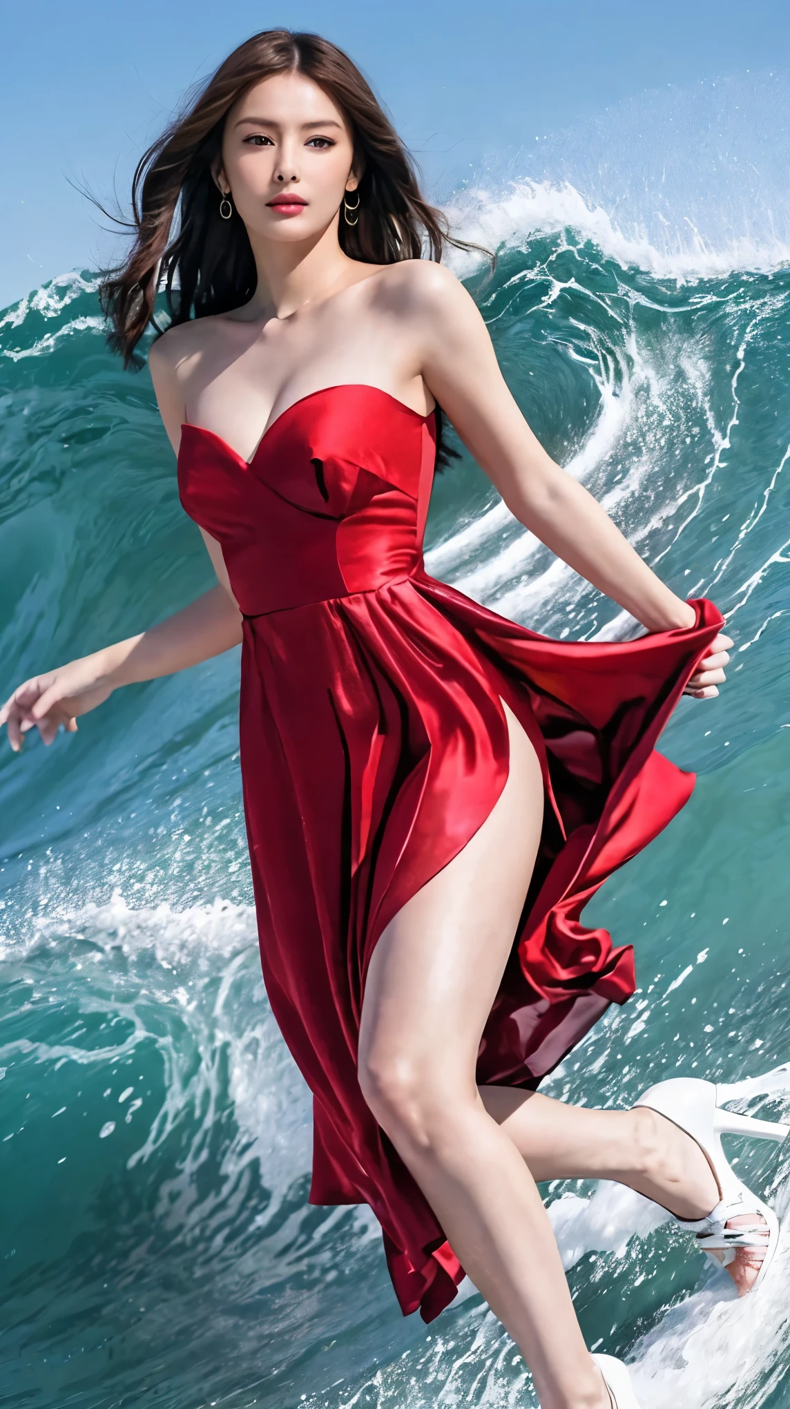 highest quality,masterpiece,Ultra-high resolution,(Actual:1.4),Original photo,Ultra-high resolution，8k，There are women，Fair skin，Exquisite makeup，Big waves of red lips，Red dress，High heels，Long legs，Bright and beautiful
