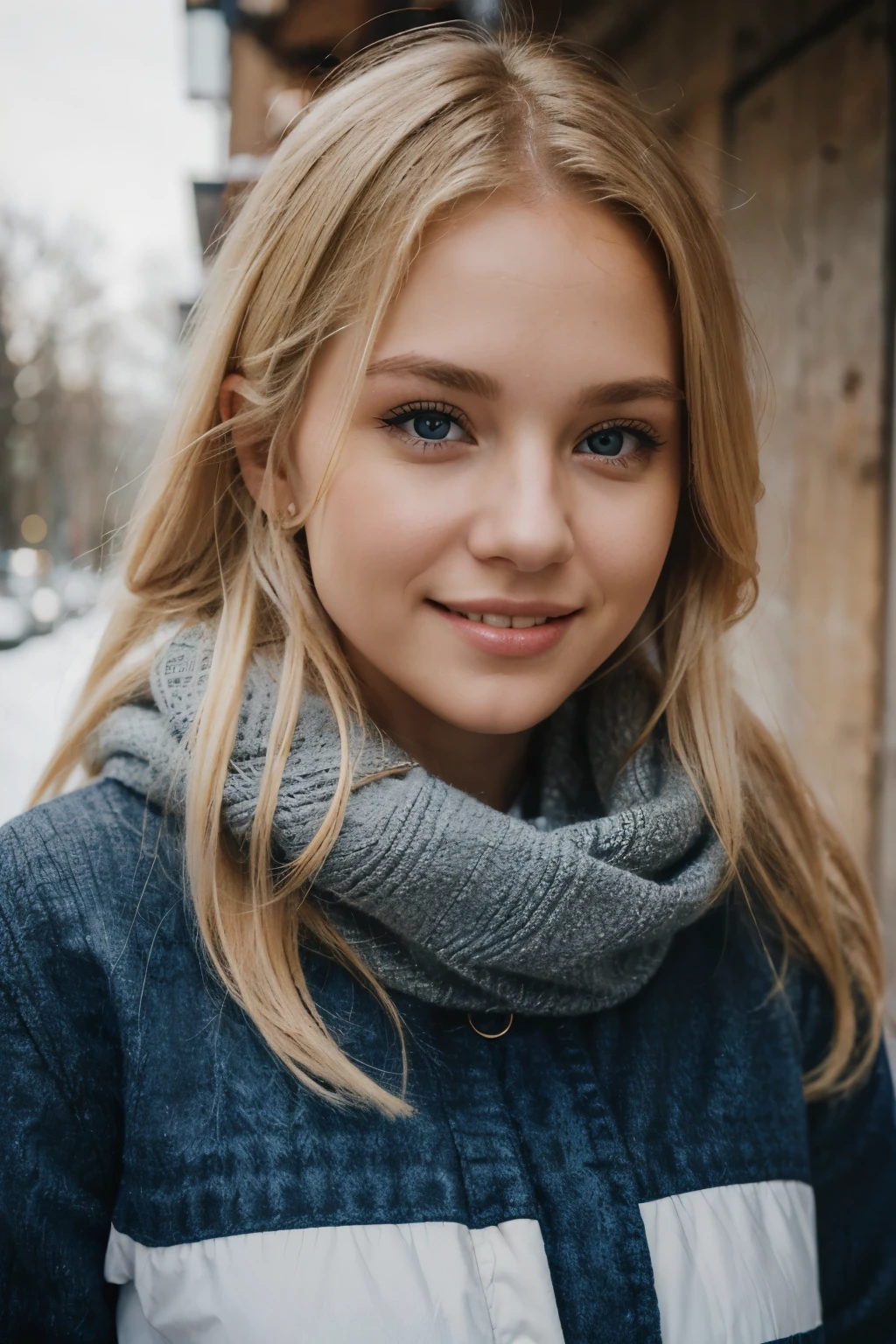 having a walk with dog, evening, winter, winter outfit, scarf, cute smile with beautiful teeth, young and cute face, chubby, best quality, Meisterwerk, Realistisches Foto, Komplizierte Details, RAW-Foto, Ultra-detailliert, blondes haar, cute face, Body size B, blondes Haar, perfekte und blaue Augen, HD quality, 8K, young woman, 20 Jahre alt