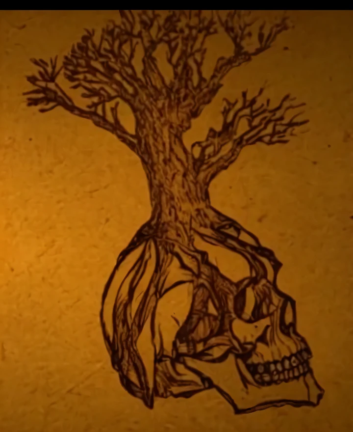 Desenho de linha simples, tree growing over human skull