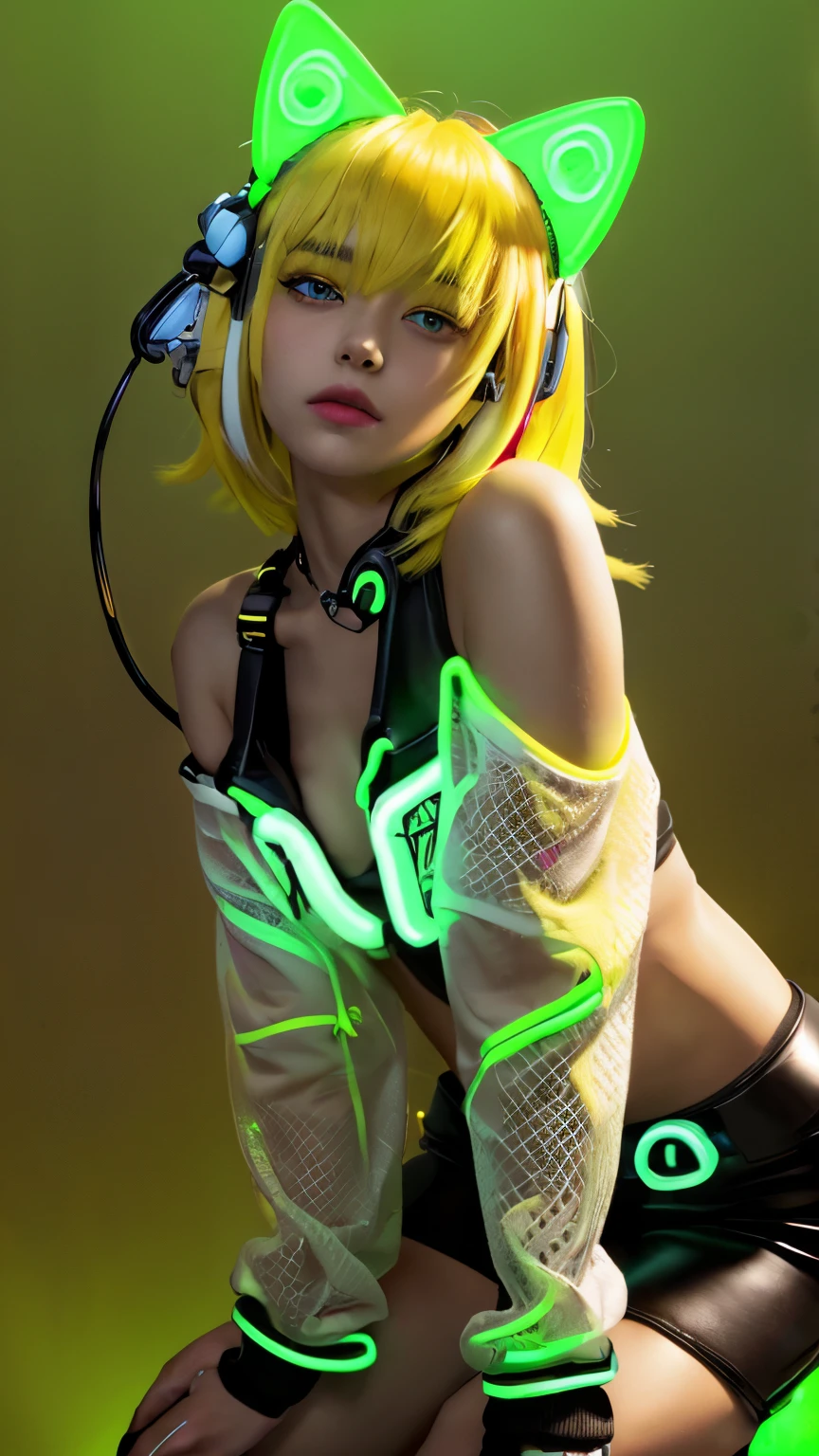 masterpiece, highest quality, 4K, Photorealistic, bokeh, enlightenment,1 perfect portrait of a girl, (A fascinating eye for perfect detail:1.2), colorful hair, (gradient hair), (neon yellow hair:1.6), (Cat ear:1.2), fantasy background, (exposed bare shoulders), (long-term alienation sleeve), (lean forward a little), head tilt, movie lighting, oversized clothes, (seductive pose:1.4), (neon yellow background:1.6), Light green beautiful ears,