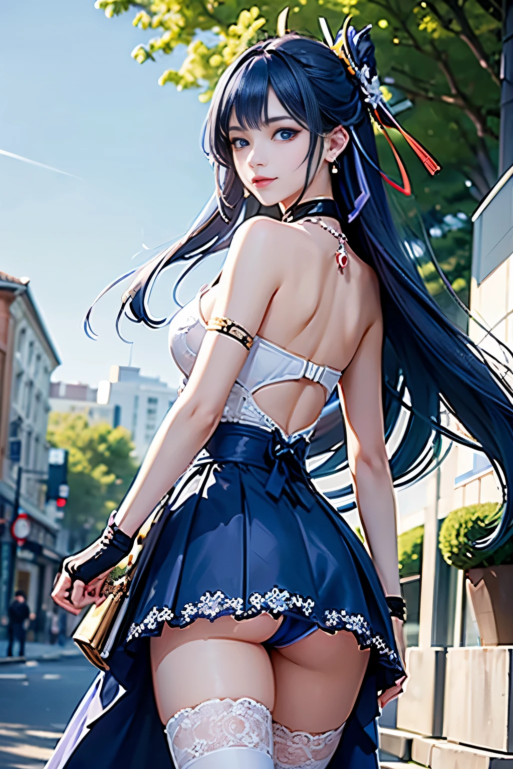 (Vulgar,nsfw),((butts and back focus,looking back)),
(skirt lift,very windy),(beautiful elegant white panties),very low angle,from below,((masterpiece, highest resolution,best quality)), (beautiful illustration), ((Raiden Shogun in Genshin Impact)),((semi long beautiful dark blue hair,beautiful blue eyes)),(solo),(beautiful elegant office blouse and black skirt,skirt lifted by the wind),(looking at the viewer), (walking around the shopping mall),
(innocent smile, Embarrassed),(white over-kneehighs,Lace chalker, wristband, fingerless gloves, over-kneehighs,
Lace chalker, diamond necklace,wristband, fingerless gloves, earrings), (cinematic lighting, very windy),shopping mall,big city,busy street,day,blue sky,flowers and trees,crowded, (from the ground),(beautiful elegant Underwear patterns),
