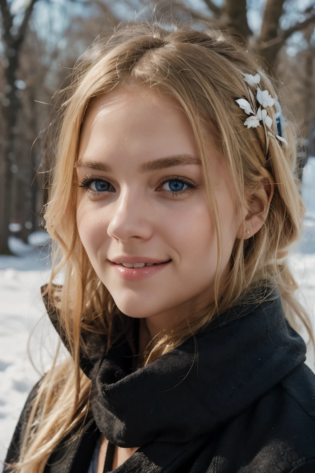 having a walk with dog, evening, winter, winter outfit, scarf, cute smile with beautiful teeth, young and cute face, chubby, best quality, Meisterwerk, Realistisches Foto, Komplizierte Details, RAW-Foto, Ultra-detailliert, blondes haar, cute face, Body size B, blondes Haar, perfekte und blaue Augen, HD quality, 8K, young woman, 20 Jahre alt