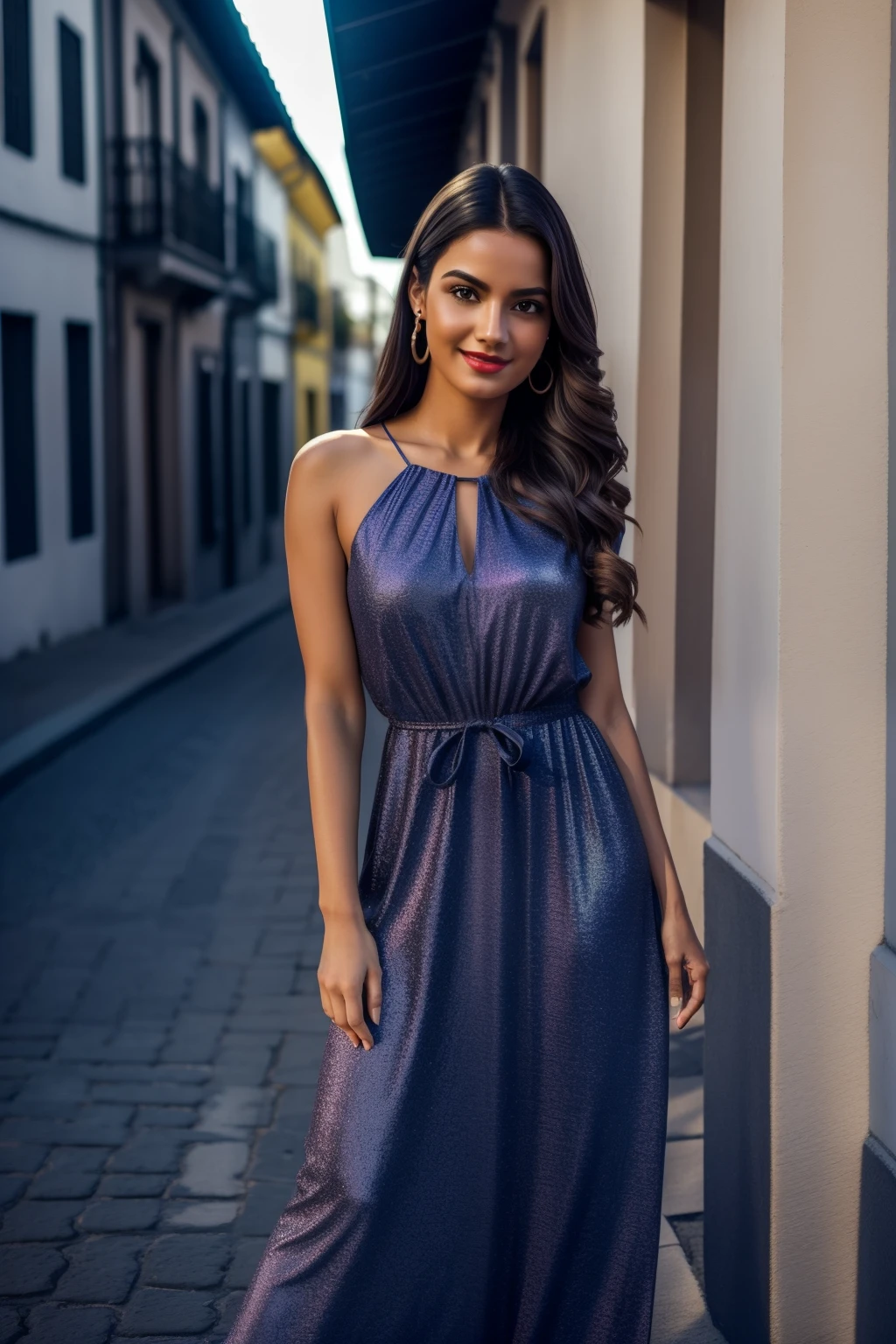Fotografia realista, Nome: Dasha Astafieva, Idade:30 anos, Altura:1,65m, Peso:52kg, Pele:branca, Olho:azul, Cabelos:loiro, longo, busto:pequeno, Cintura:pequena, Quadril:grande, Look:Long dress with romantic print and sneakers, Fundo:completamente preto, destacando a modelo no centro da foto, Pose:standingn, pernas cruzadas, arms above the head, upright position, olhando para a esquerda, sorriso radiante, cabelos soltos, Uplighting:Luz Difusa, Contraluz e Luz de Recorte, Enquadramento:Close-Up, Foco:Olhar Intenso, Qualidade: red lips, chromatic aberration abuse, UHD, retina, masterpiece, ccurate, anatomically correct, textured skin, super detail, high details, high quality, award winning, best quality, highres, 1080P, HD, 4K, 8k, 16k --q 5