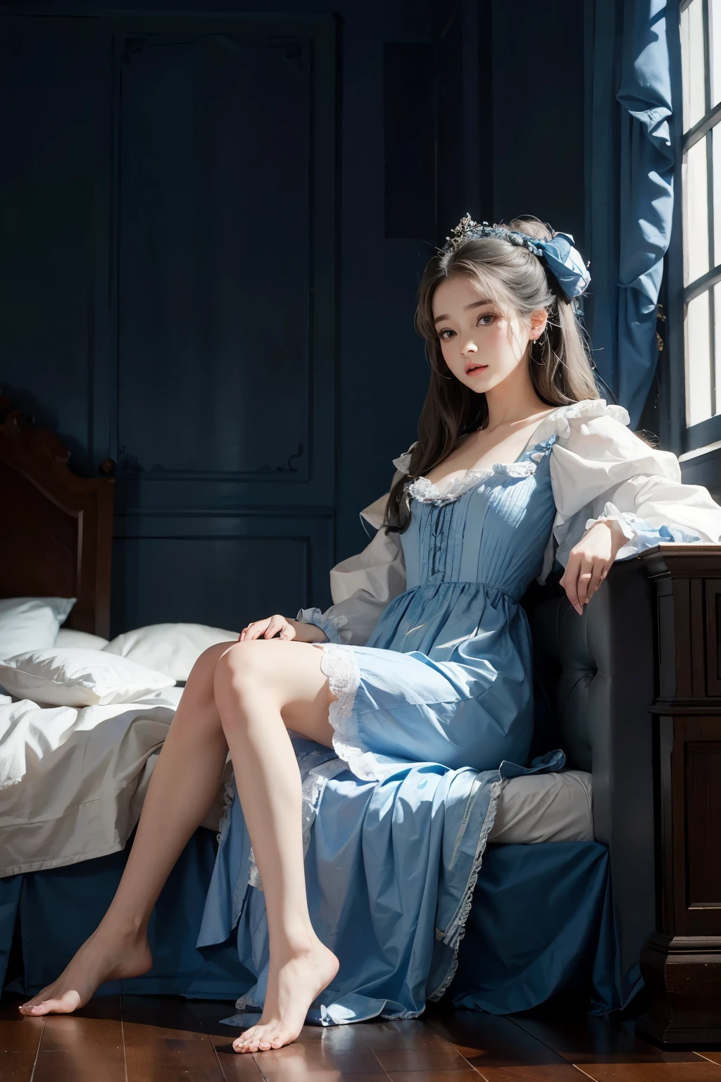 Araped woman sitting on bed in blue dress, inspired by Jean-Baptiste Van Loo(Jean-Baptiste van Loo), korean beauty, different actions, clothes:random color,