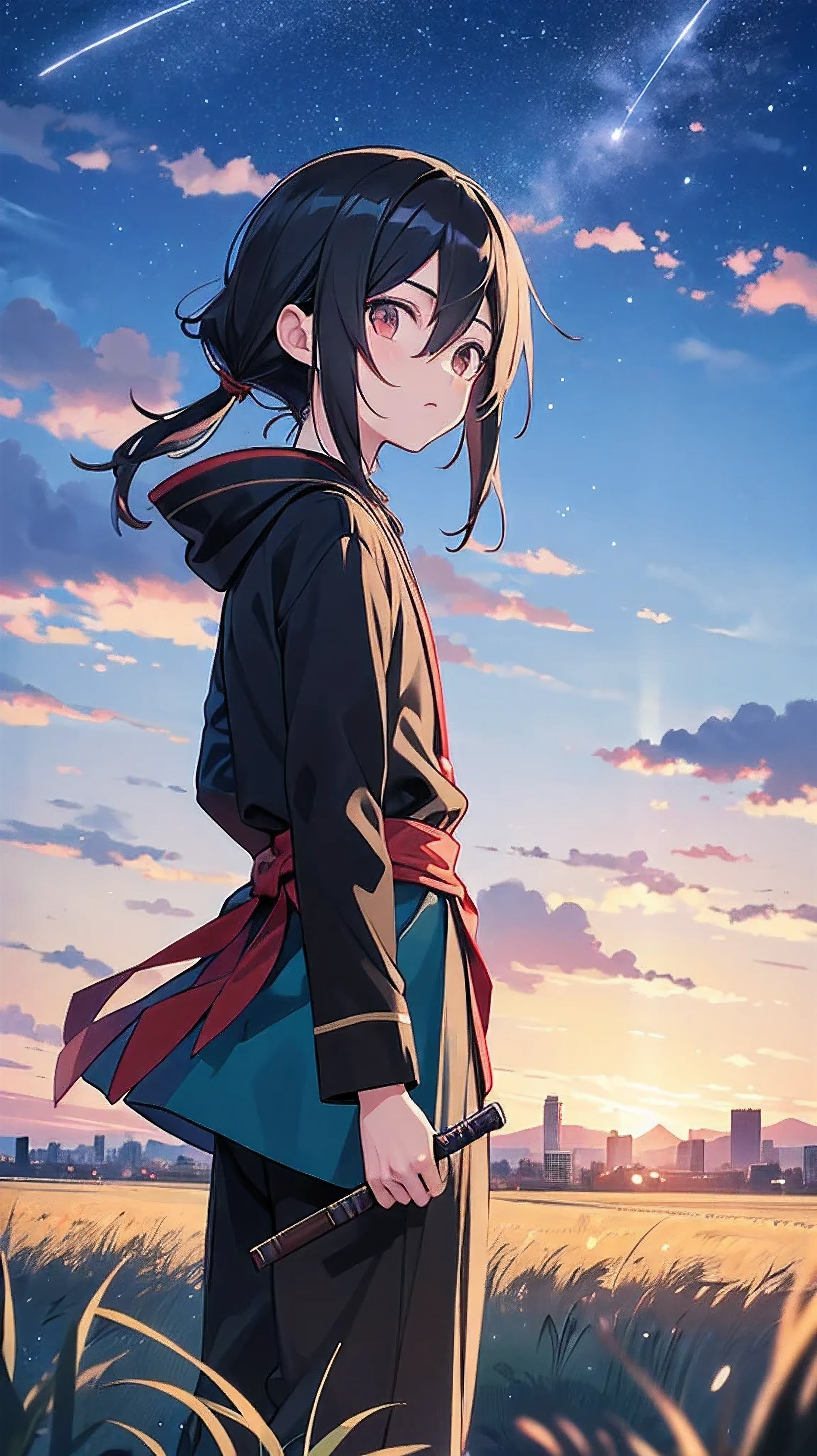 a digital art of Tanjiro Kamado, the protagonist of the anime and manga series Demon Slayer. He is standing in a field of tall grass, looking up at the sky. The sky is blue with a few white clouds and a single shooting star. In the background, there is a city skyline. The image is rendered in a realistic style, with attention to detail in Tanjiro's clothing and the textures of the grass and sky. Add ultra details, 8K wallpaper.