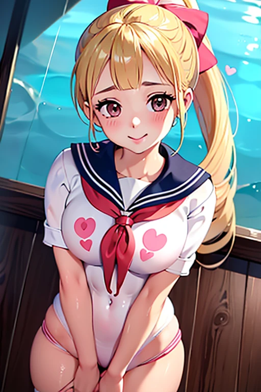 Blonde ponytail、Colossal tits、(sexypose:1.4)、(blushed face:1.4)、A smile、put out the tongue、((Heart-shaped pupil))、happily face、(((a sailor suit)))、Black stockings、perfect anatomia、Long body、Older sister who dotes on her brother、((The crotch is wet))