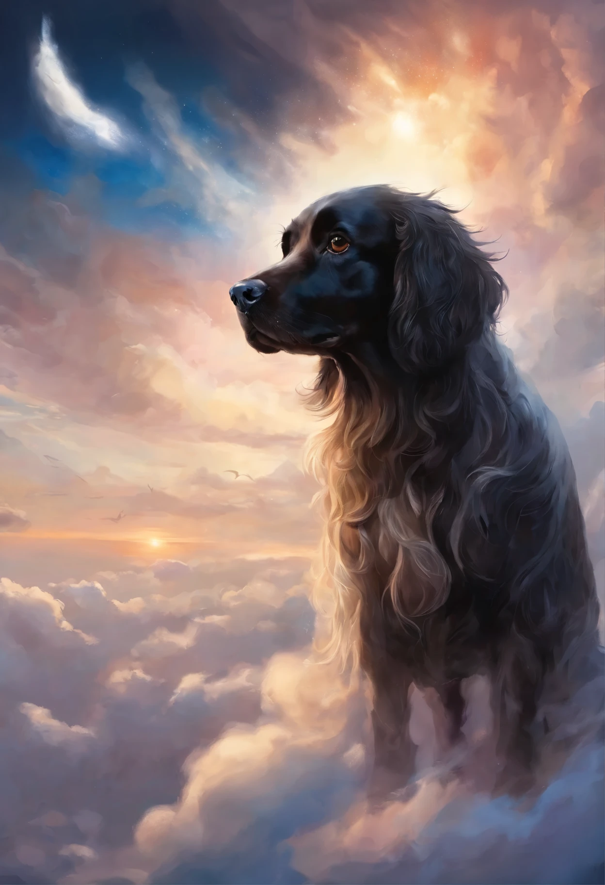 A girl dog of the Russian Spaniel breed, black color with a white chest, runs along the clouds towards a mug of coffee