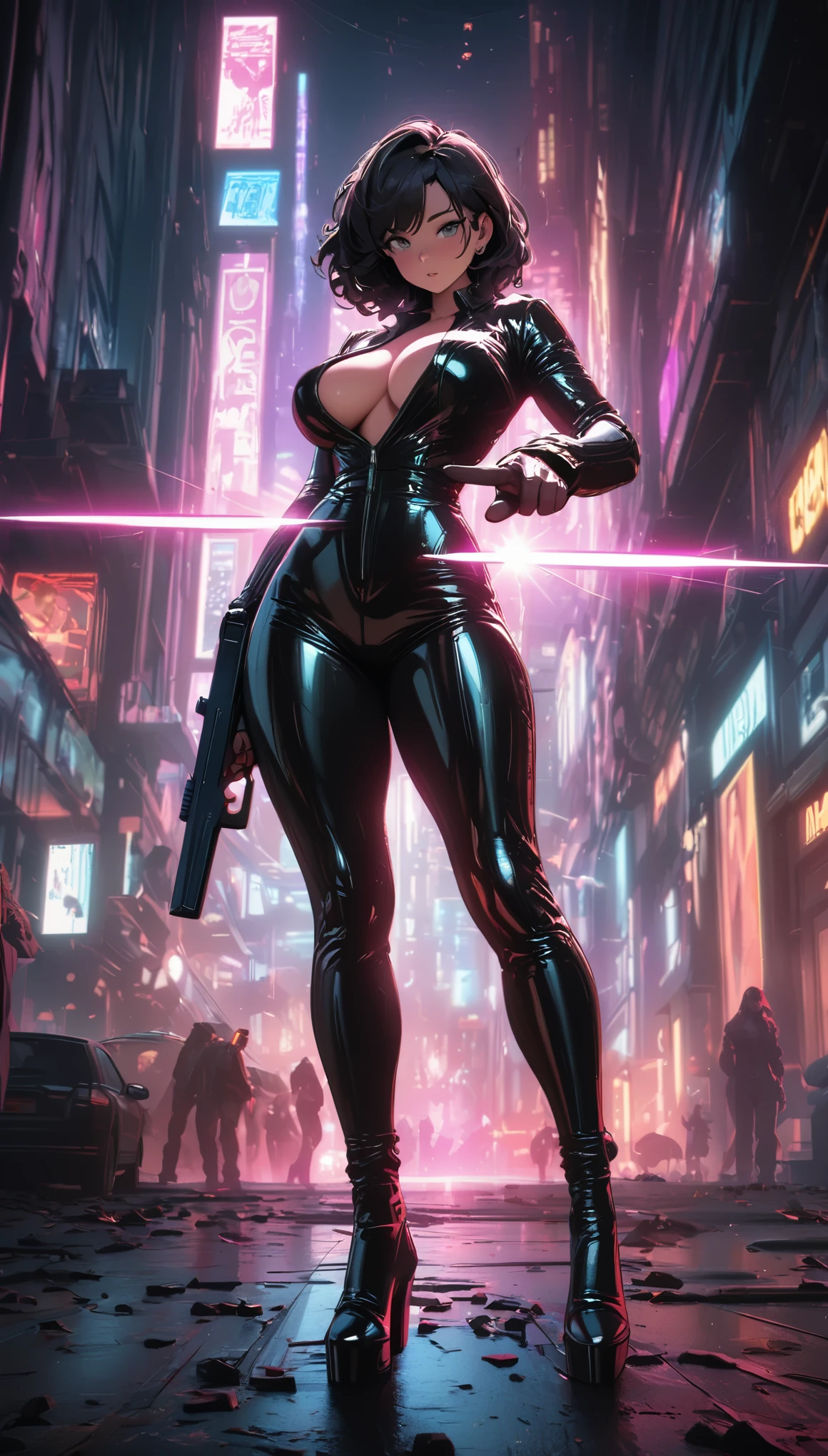 cyberpunk style,30-year-old mature and charming woman,Leather jumpsuit covers the whole body,full breasts,High-heeled leather shoes,Pointing a laser gun at me,open fire,(There are many small pieces of gravel floating in the air around me.:1.5),Beautiful,Glowing special effects,celluloid style,Flat coating,HD,CG art,comics,8K,looking into camera,high quality,illustration,Vaporwave style,rim light,movie lighting,Super detailed,complex,OC renderer,cinematic perspective,high resolution
