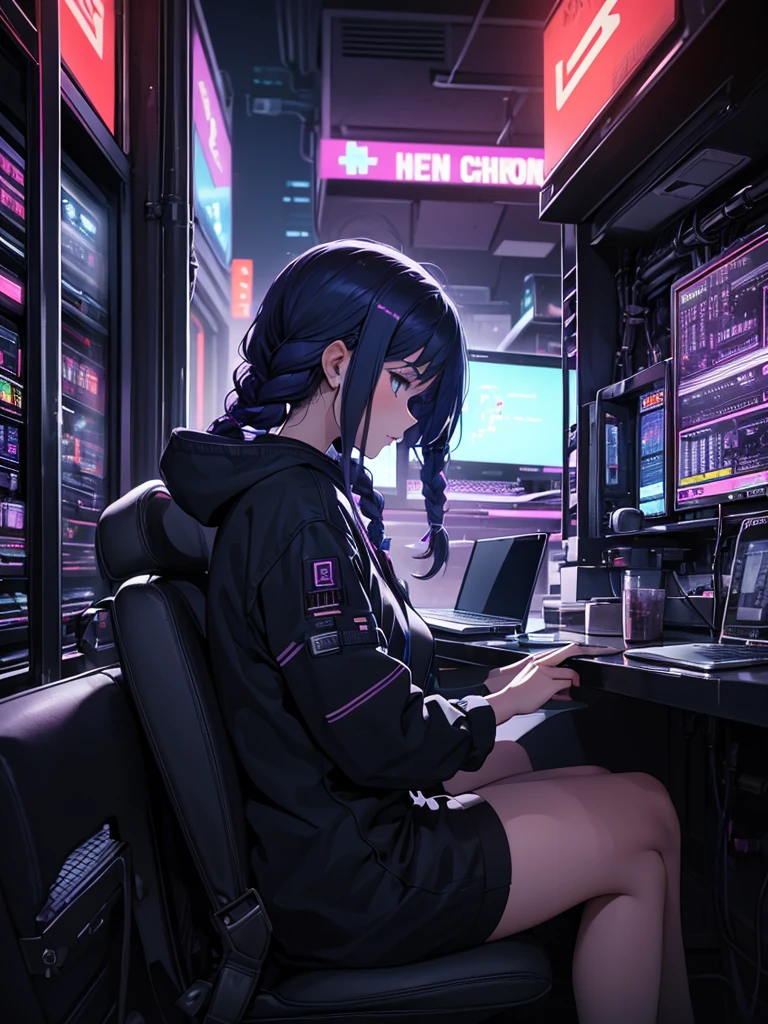 Very young girl, black mask, White skin, The code on, Hacker style, curve,sit on it、View from the side、deep purple, dark, braids, dark blue hair, cable, vintage, cyberpunk, Data center background, deep purple主题, night city