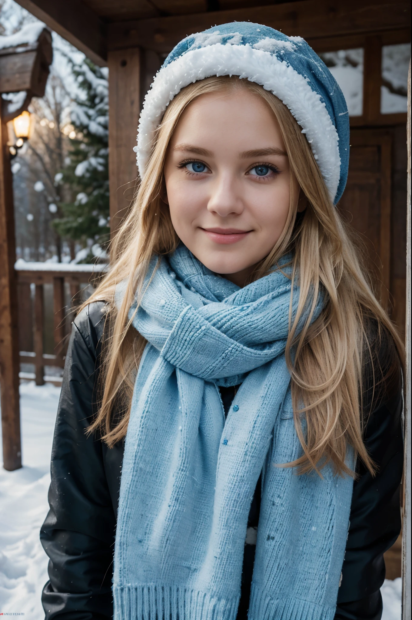 full body picture, winter, snow, winter outfit, scarf, haube, young and cute face, chubby, cute smile, best quality, Meisterwerk, Realistisches Foto, Komplizierte Details, RAW-Foto, Ultra-detailliert, blondes haar, cute face, Body size B, blondes Haar, perfekte und blaue Augen, HD quality, 8K, young woman, 20 Jahre alt