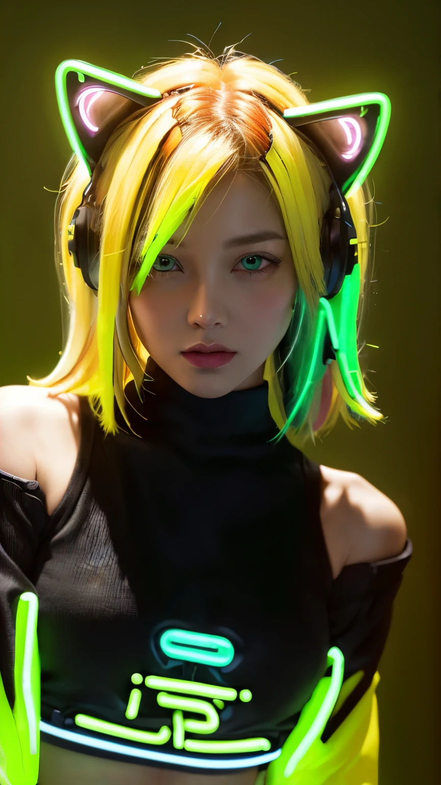 masterpiece, highest quality, 4K, Photorealistic, bokeh, enlightenment,1 perfect portrait of a girl, (A fascinating eye for perfect detail:1.2), colorful hair, (gradient hair), (neon yellow hair:1.6), (Cat ear:1.2), fantasy background, (exposed bare shoulders), (long-term alienation sleeve), (lean forward a little), head tilt, movie lighting, oversized clothes, (seductive pose:1.4), (neon yellow background:1.6), green beautiful eyes, close up,