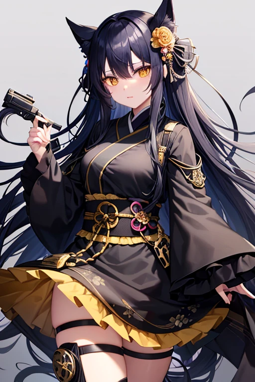 highest quality, black mask, black kimono with floral pattern, Loosely wavy long blue hair, yellow eyes, Knee-high boots, handgun