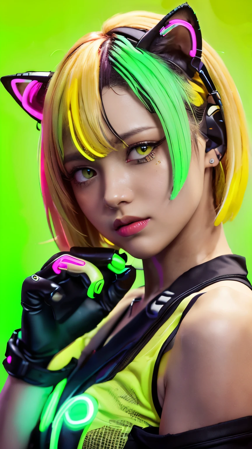 masterpiece, highest quality, 4K, Photorealistic, bokeh, enlightenment,1 perfect portrait of a girl, (A fascinating eye for perfect detail:1.2), colorful hair, (gradient hair), (neon yellow hair:1.6), (Cat ear:1.2), fantasy background, (exposed bare shoulders), (long-term alienation sleeve), (lean forward a little), head tilt, movie lighting, oversized clothes, (seductive pose:1.4), (neon yellow background:1.6), Light green beautiful eyes, close up,