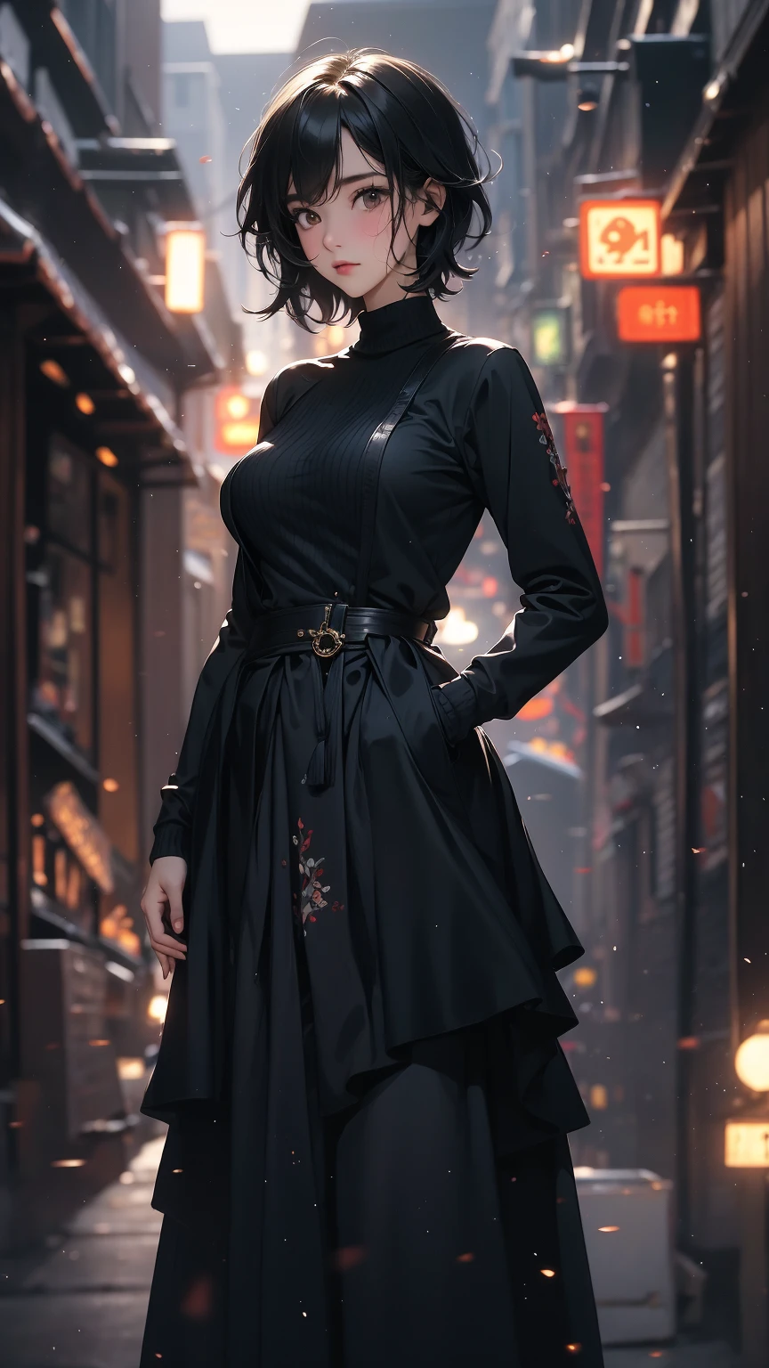 (Highly detailed CG unit 8k wallpaper, masterpiece, High resolution, highest quality, highest qualityのリアルテクスチャスキン), Fashion pose with hands in pockets:1.4, A cool NY fashion girl influenced by nostalgic and inorganic mode fashion., Nana Komatsu, Asymmetrical short hair, detailed costume, fine embroidery, Layered maxi skirt and crew neck pullover sweater combination:1.3, blurred background, An empty alley in New York:1.2, hyper realistic, digital painting, concept art,