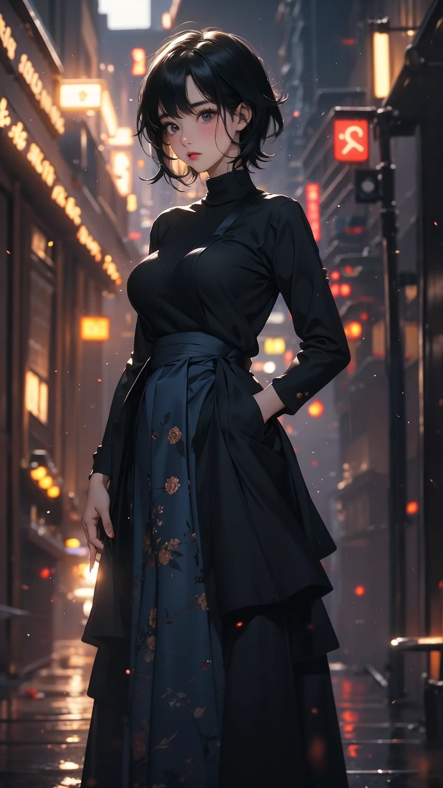 (Highly detailed CG unit 8k wallpaper, masterpiece, High resolution, highest quality, highest qualityのリアルテクスチャスキン), Fashion pose with hands in pockets:1.4, A cool NY fashion girl influenced by nostalgic and inorganic mode fashion., Nana Komatsu, Asymmetrical short hair, detailed costume, fine embroidery, Layered maxi skirt and crew neck pullover sweater combination:1.3, blurred background, An empty alley in New York:1.2, hyper realistic, digital painting, concept art,