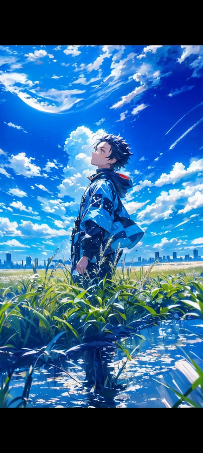 Generate the digital art of tanjiro kamado ,which is the Anime character of demon slayer, he is standing in the field of tall grass , have swords in his hand , looking up at sky , the sky is blue with few white clouds and a single shooting star 
