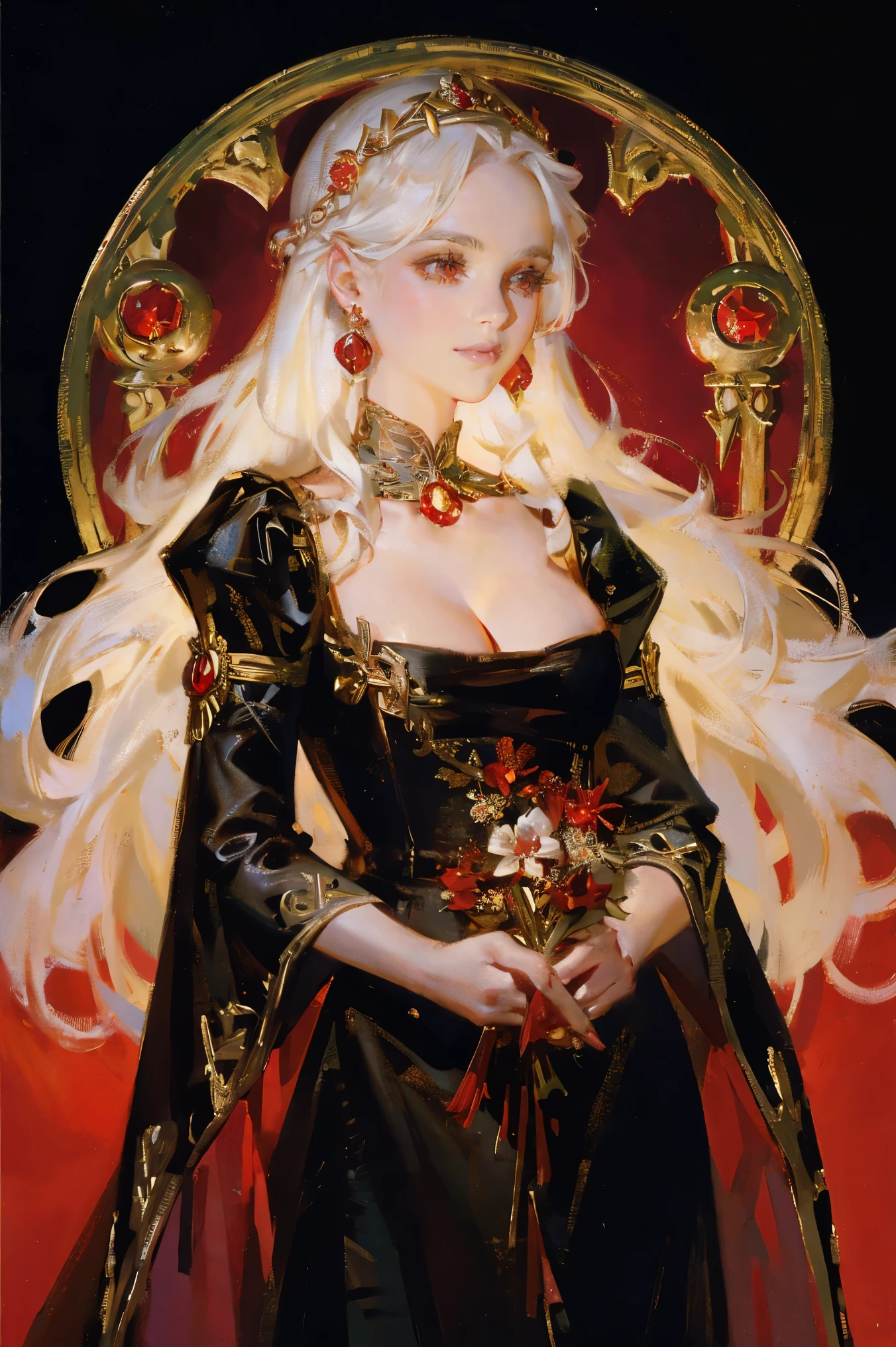 fantasy, princess Targaryen, full-length, garden, girl, with white hair, face looks like Daenerys|Natalie Portman, in a red and black dress embroidered with gold threads of rubies and diamonds with her eyes open, hd