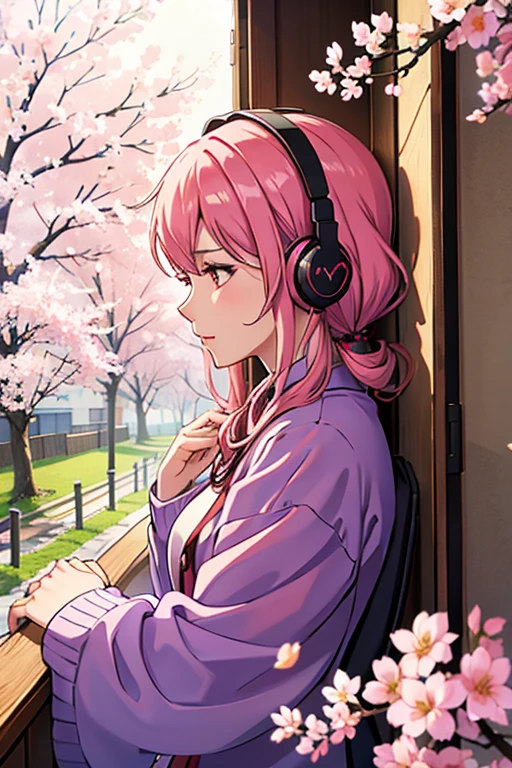 Woman listening to music with headphones, large cherry tree seen from room window, in full bloom, anime style