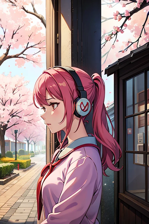 Woman listening to music with headphones, large cherry tree seen from room window, in full bloom, anime style