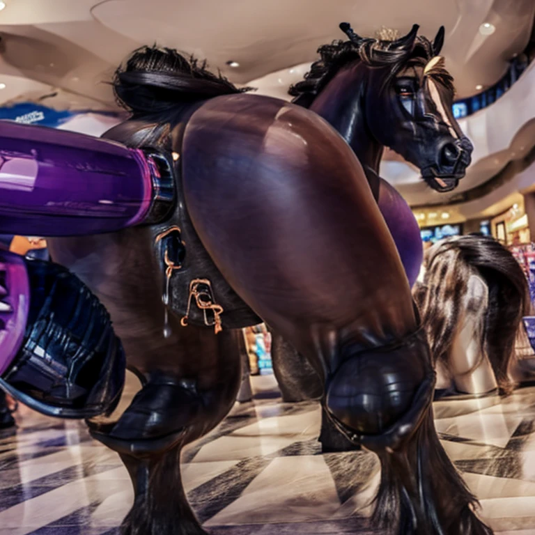 Horse, plump pussy, dripping wet pussy, large ass, large breast, dildo in anus, in mall, being watched, wearing hooker outfit