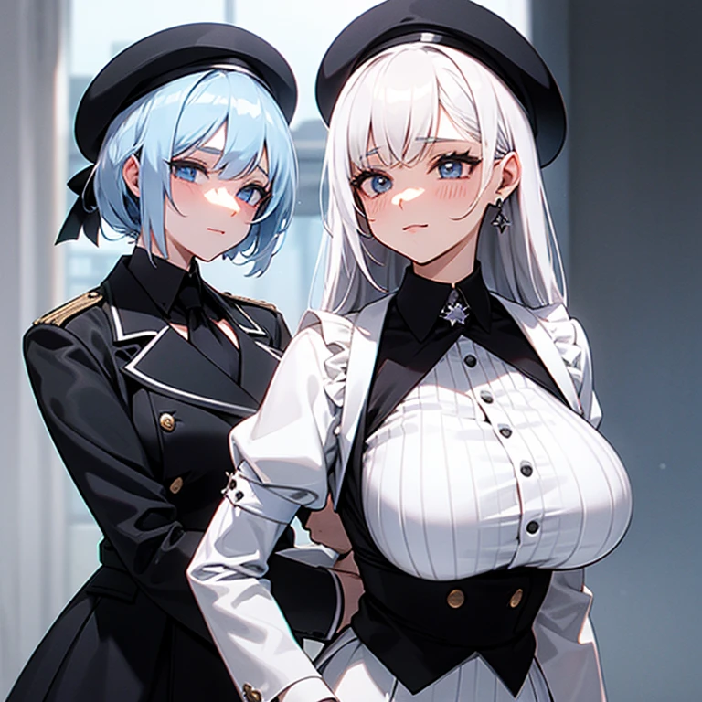 French girl, white hair, black beret, white blouse, black vest, cyan eyes, dark clouds background.