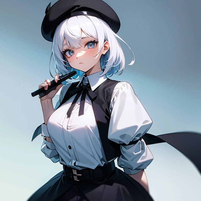 French girl, white hair, black beret, white blouse, black vest, cyan eyes, dark clouds background.