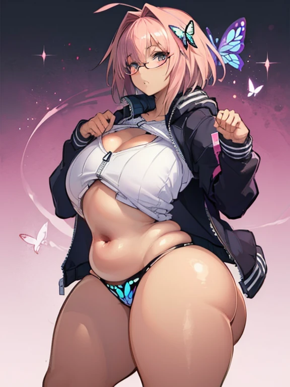 1boy, (((mommy))), (dark skin)), (((butterfly hair))), (((jacket))), ((((massive chest)))), ((((massive ass)))), (((thick thighs))), (((black glasses))), Astolfo:FGO