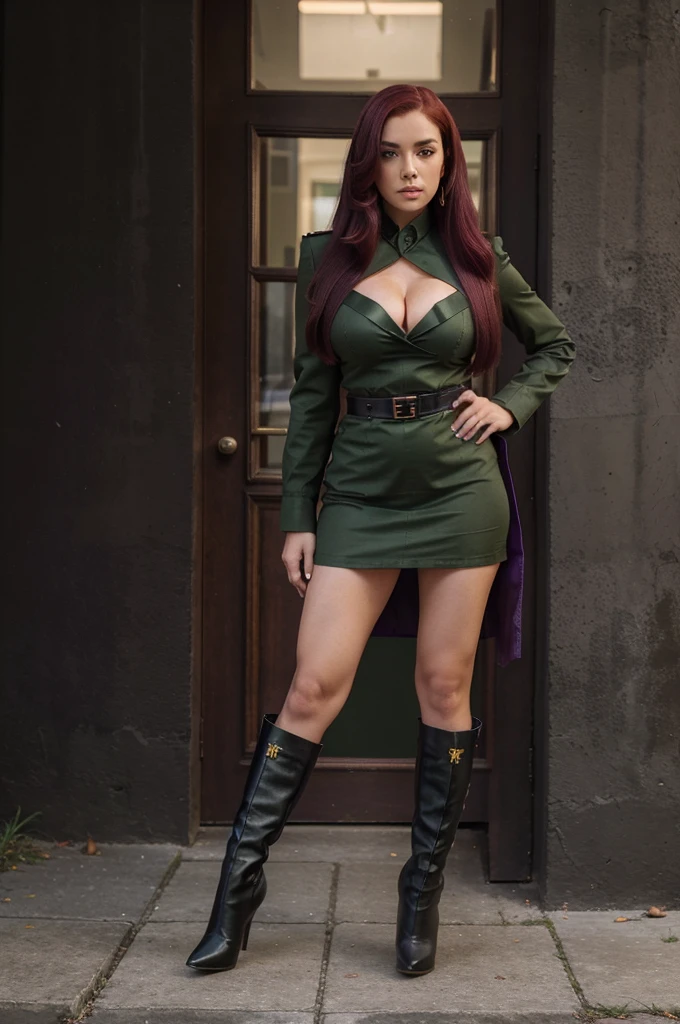 one beautiful women, ankle boots, black high heel stilettos, wearing: purple and green military uniform, full body view, extrem long hair, cleavage, extrem short skirt, Burgundy red hair,