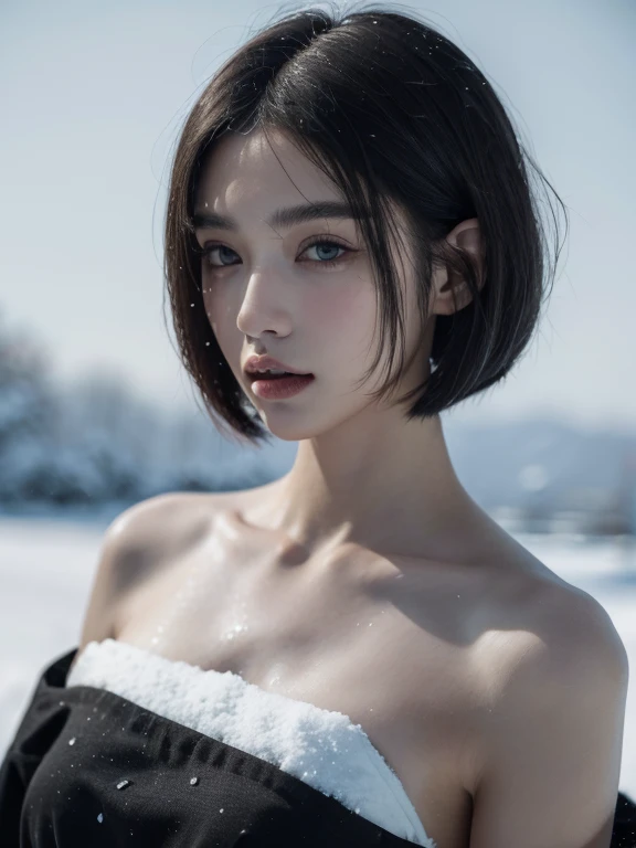 ( masterpiece, top quality, best quality,8k,17 years old girl,ultra detailed,raw photo:1.5),(photorealistic:1.4), (bob cut, black hair:1.5), (cinematic lighting), PerfectNwsjMajic, , Surrealism, UHD, ccurate, Super detail, textured skin, High detail, Best quality, dynamic angle, White skin,[Beautiful blue eyes], high nose,[flat chest:large breasts:0.5],(1girl),(good anatomy:0.5)),(snow)