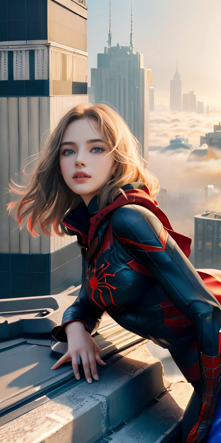 (1 girl:1.3), One, (((Very detailed face)))), ((Very detailed eyes and face)))), Beautiful detailed eyes, body parts__, official art, Unified Wallpaper 8K, Super detailed, Beautiful and Beautiful, Beautiful, masterpiece, Best quality, original, masterpiece, super good photo, Best quality, super high resolution, realistic realism, Sun Ray, Full length portrait, amazing beauty, dynamic pose, gentle face, Bright eyes, (front), She wears a Spiderman costume., Red and black color scheme, spider, highly detailed city roof background, roof, with city view, detailed face, detailed complex busy background, sloppy, fabulous, Milky white, very detailed skin, realistic skin details, visible pores, clear focus, volumetric fog, 8k UHD, SLR camera, high quality, granularity, bright skin, photorealism, lomography, futuristic dystopia metropolis, translucent