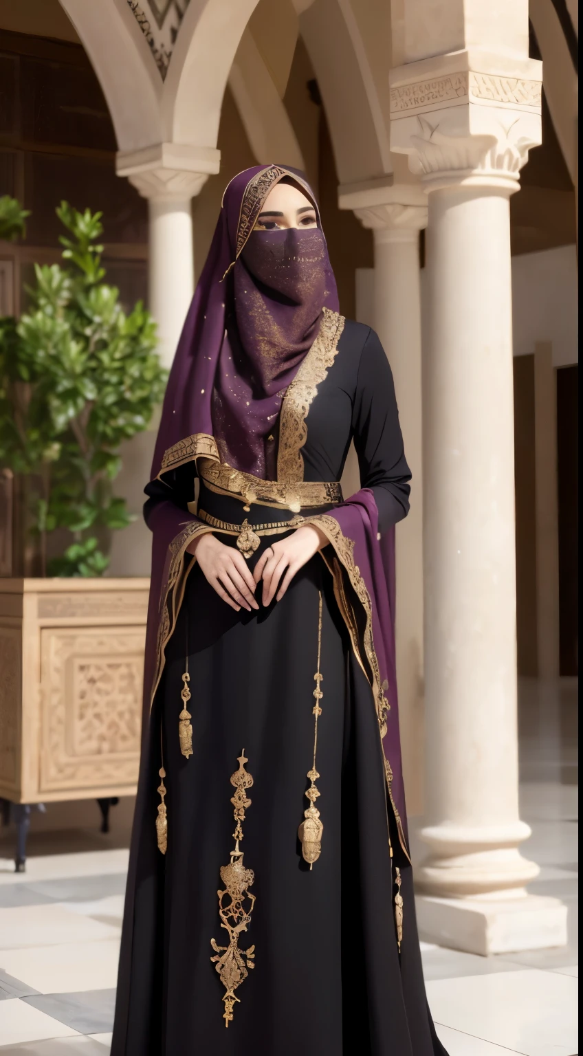 arafed woman with bustier medium breast in a corset and dress in front of a building, wearing an ornate outfit, ornate dress, long dress, elegant arabic hijab, ornate and elegant, extravagant dress, inspired by Hedi Xandt, ornate attire, intricate outfit, ornate royal gown, ornate clothing, ornate gown, intricate and elegant, intricate detailed dress, ornate , royal dress, masterpiece, best quality:1.2),,(8k,highres,RAW photo,realistic,photo-realistic:1.3),(detailed skin texture,detailed cloth texture,beautiful detailed face:1.25),professional lighting,photon mapping,beautiful soft light,radiosity,physically-based rendering,raytracing, model shoot style, model shoot style, (extremely detailed CG unity 8k wallpaper), full shot body photo of the most beautiful artwork in the world, arabic veil mouth
