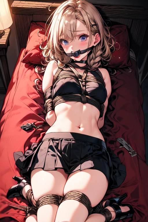 Shiny blond hair, very long hair, sophisticated haircut, ((((hair fully braided)))), ((small twisted braids)), thin and oval face, submissive, (((gagged))), ((((black tight wool crop top)))), ((((tight skirt)))), cute and blushing 18 years old anime girl, look away because she is embarrassed and blushes, bright blue eyes, detailed face, detailed members, detailed arms, detailed hands, ((((sparkling diamond jewelry)))), tiara, ((makeup)), high heels, puffy sleeves, long gloves, long eyelashes, Girl lying, tied by ropes, shackled, can no longer move, tied tightly, very hard tied up with lots of ropes, hampered by so many ropes that she can no longer move, bound hands and feet, ropes tie his whole body, tied extremely tightly and forcefully to her bed by a lot of ropes, its limbs are strongly tied together by ropes, his torso is tied up with thick cords, her chest is so tied up with ropes that it sticks out, her legs are tied tightly with thick ropes, his hands are tied behind his back with ropes, she can no longer move her feet, her hands which are tied by thick ropes, she desperately tries to free herself, likes to be tied tight with big ropes, likes to be immobilized by big ropes, lying down, his hands and feet are strongly tied to the railing of his bed, his legs are pressed together and tied with ropes, its limbs are held vigorously by imposing ropes, her hands are tied securely behind her back by ropes, her chest is compressed by strong ropes, she is pressed against her bed and restrained by large ropes (shibari, arms behind the back:1.4), (hands on the back), (masterpiece, best quality) 1.5, 1girl, solo, (sexy, beautiful woman, perfect face, perfect eyes, perfect hands), samus aran, (shibari, arms behind the back:1.4), (hands on the back), Spread the legs, s&#39; ((lie in bed by big ropes)), ((close up of the girl)), ((((lie in bed))))