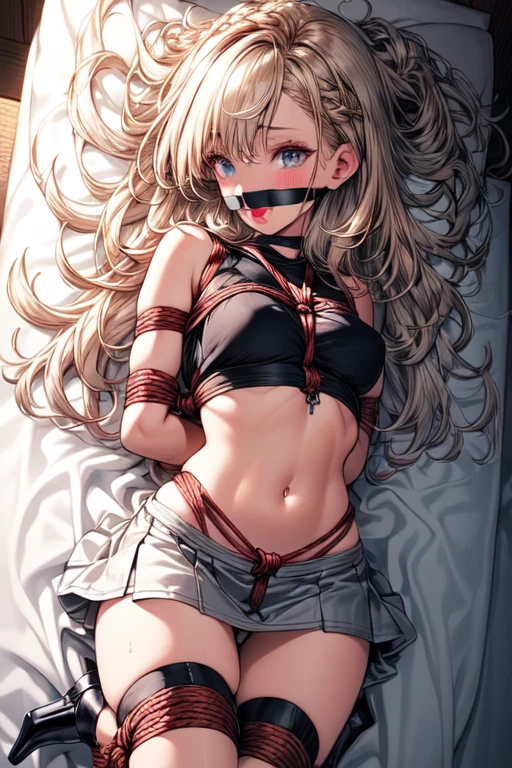 Shiny blond hair, very long hair, sophisticated haircut, ((((hair fully braided)))), ((small twisted braids)), thin and oval face, submissive, (((gagged))), ((((black tight wool crop top)))), ((((tight skirt)))), cute and blushing 18 years old anime girl, look away because she is embarrassed and blushes, bright blue eyes, detailed face, detailed members, detailed arms, detailed hands, ((((sparkling diamond jewelry)))), tiara, ((makeup)), high heels, puffy sleeves, long gloves, long eyelashes, Girl lying, tied by ropes, shackled, can no longer move, tied tightly, very hard tied up with lots of ropes, hampered by so many ropes that she can no longer move, bound hands and feet, ropes tie his whole body, tied extremely tightly and forcefully to her bed by a lot of ropes, its limbs are strongly tied together by ropes, his torso is tied up with thick cords, her chest is so tied up with ropes that it sticks out, her legs are tied tightly with thick ropes, his hands are tied behind his back with ropes, she can no longer move her feet, her hands which are tied by thick ropes, she desperately tries to free herself, likes to be tied tight with big ropes, likes to be immobilized by big ropes, lying down, his hands and feet are strongly tied to the railing of his bed, his legs are pressed together and tied with ropes, its limbs are held vigorously by imposing ropes, her hands are tied securely behind her back by ropes, her chest is compressed by strong ropes, she is pressed against her bed and restrained by large ropes (shibari, arms behind the back:1.4), (hands on the back), (masterpiece, best quality) 1.5, 1girl, solo, (sexy, beautiful woman, perfect face, perfect eyes, perfect hands), samus aran, (shibari, arms behind the back:1.4), (hands on the back), Spread the legs, s' ((lie in bed by big ropes)), ((close up of the girl)), ((((lie in bed))))