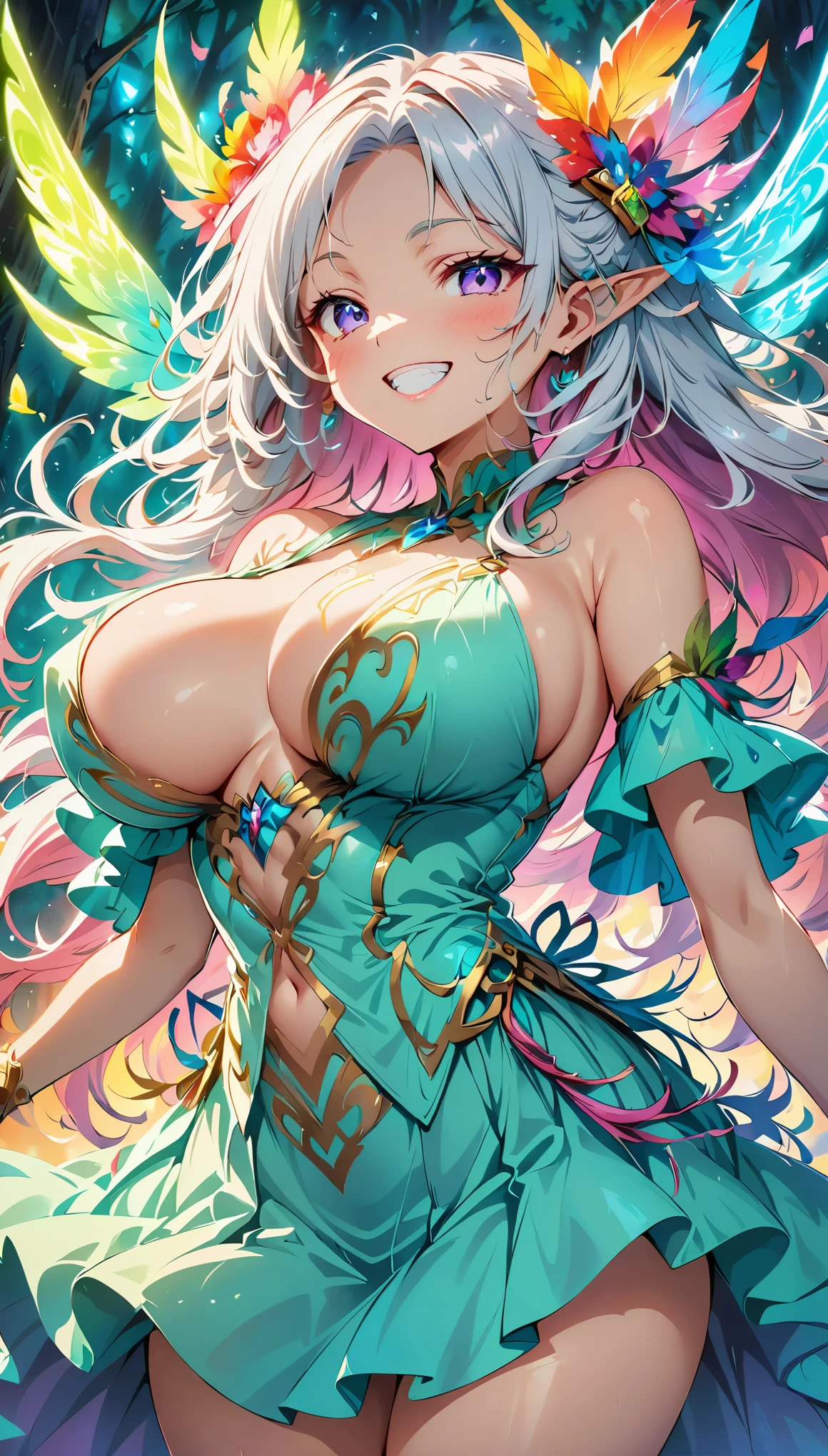 (anime artwork, anime style, studio anime, very detailed, up to date, vibrant, Anime Coloring, high contrast, masterpiece:1.2, best quality, best aesthetics), (1 girl), Color connections, colored, Vibrant color scheme, colorful, spot color, NSFW, (portrait, cowboy shot), sensual, in the deep forest, dance, (big breasts 1.2), crooked, (bewitching woman), (grin and laugh:1.2), Elves and Wind Spirits, spirit of the wind, spirit feather, falling petals.