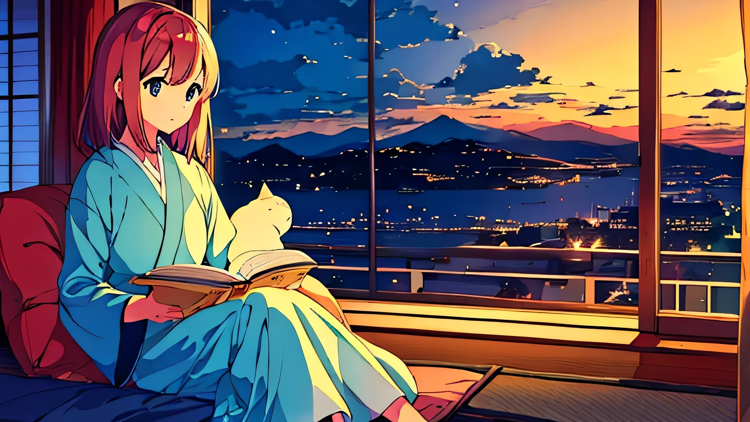 city pop、girl、anime、night view、Cat、relax、You can see the townscape from the window、Wearing headphones、night viewを眺めている、The wind is blowing、inside the room、dim、indirect lighting、reading a book、Foliage plant、Taken from a little distance、looking out the window、Looking out the window、Japan、indirect lighting、Cat、late night、high resolution、Details down to the last detail、high quality、high quality