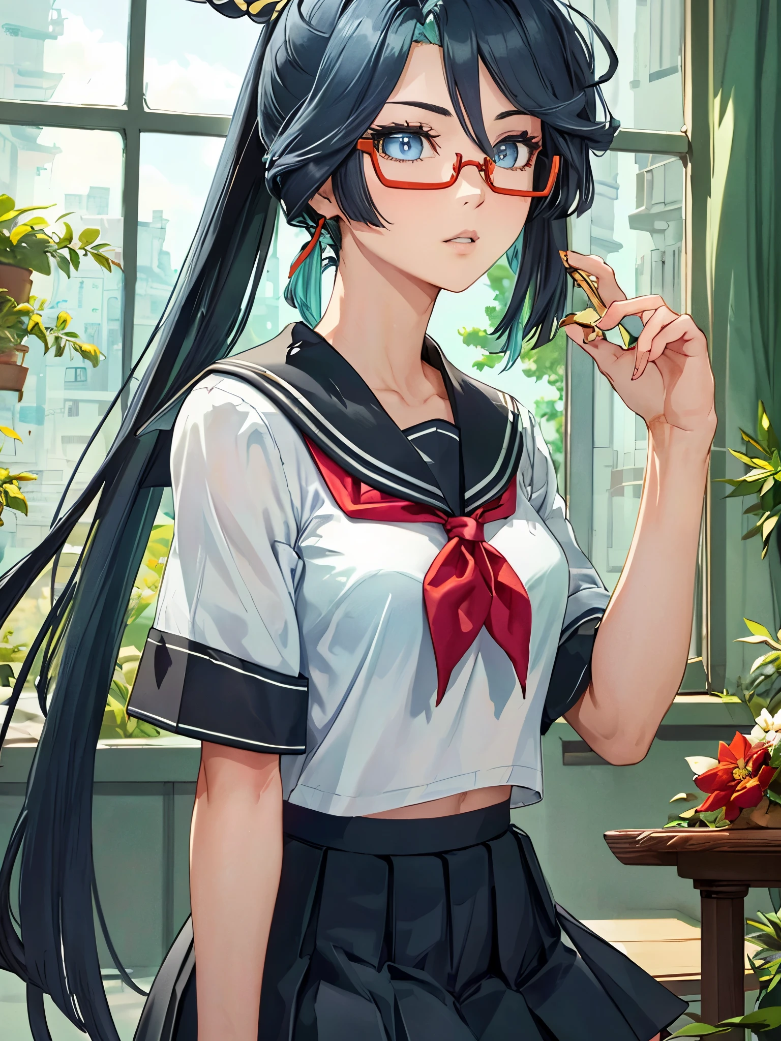 (masterpiece, best quality), 1girl, xianyun, glasses,ponytail, red-framed eyewear, under-rim eyewear,ponytail,
BREAK (black serafuku, black sailor collar, white neckerchief, black shirt, short sleeves, pleated skirt, black skirt:1.2),
BREAK ((top quality, 8k, masterpiece: 1.3, ultra hd, high quality, best quality, high definition, realism)), sharp focus: 1.5, Beautiful woman with Slim body, (perfect hands, perfect anatomy),