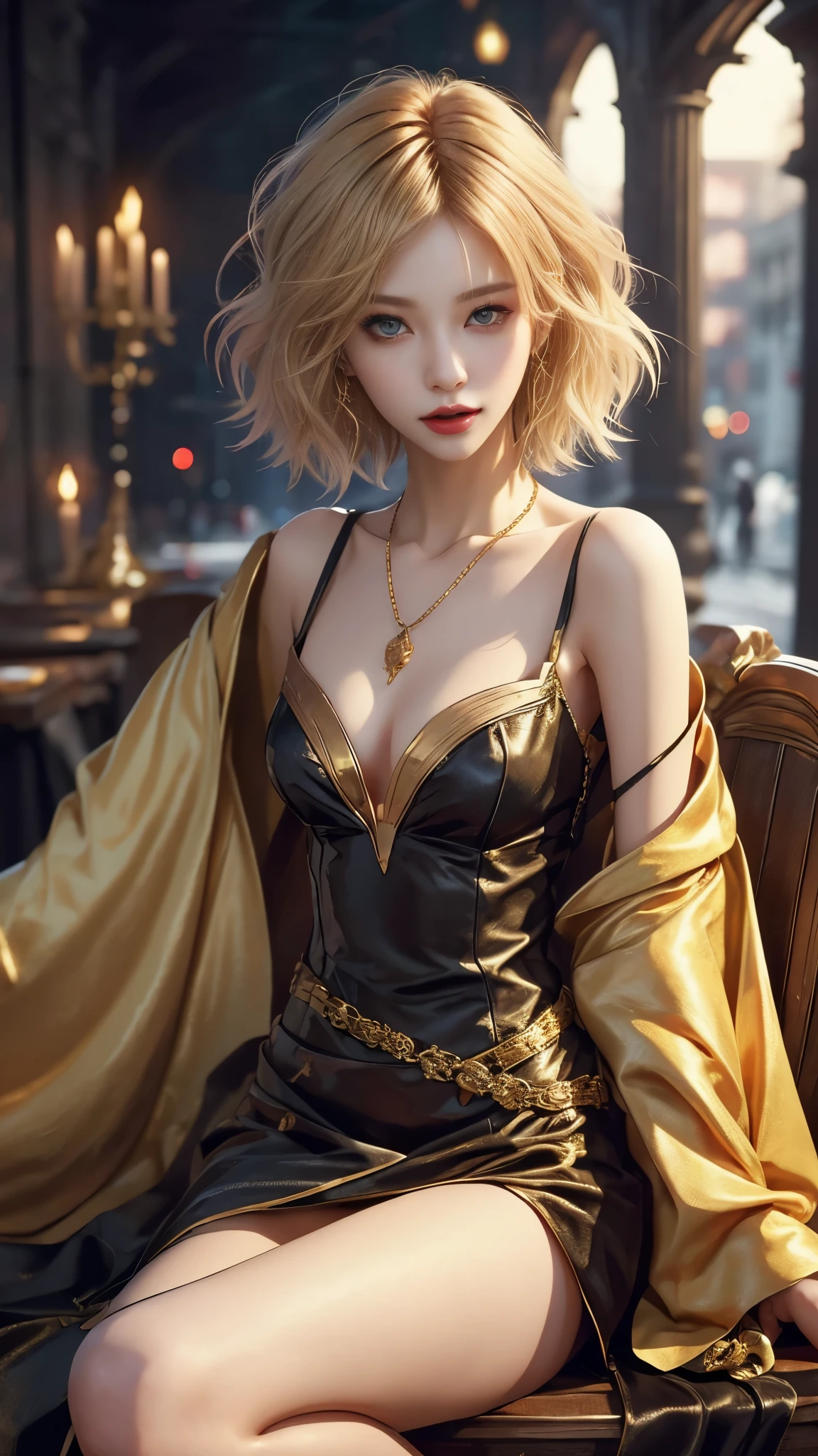 ​masterpiece, top-quality, ((1womanl)), different golden color, finely eye and detailed face, intricate detailes, Casual black and golden attire, window, A smile, Happiness, tenderness, high-level image quality、selfee, Beautuful Women、tall、a small face, D-cups, The upper part of the body、nightfall, nighttime scene、𝓡𝓸𝓶𝓪𝓷𝓽𝓲𝓬、Korea person, Idol Photos, Model photo, k pop, Professional Photos, Vampires, Korean fashion in black and golden, Fedoman with necklace, inspired by Sim Sa-jeong, androgynous vampire, :9 detailed face: 8, extra detailed face, detailed punk hair, ((eyes are deialed)) baggy eyes, Seductive. Highly detailed, semi realistic anime, Vampires, hyperrealistic , Delicate androgynous princess, imvu, ((short hair woman)), golden hair woman with wild look, ((Woman with short golden hair)), ((1 persons)), sitting, 