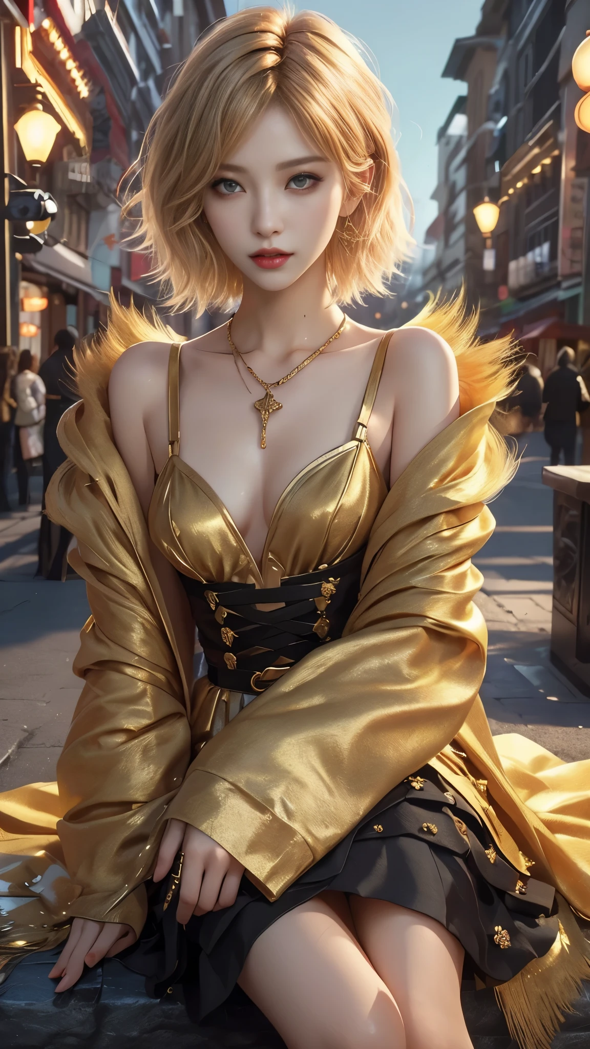 ​masterpiece, top-quality, ((1womanl)), different golden color, finely eye and detailed face, intricate detailes, Casual black and golden attire, window, A smile, Happiness, tenderness, high-level image quality、selfee, Beautuful Women、tall、a small face, D-cups, The upper part of the body、nightfall, nighttime scene、𝓡𝓸𝓶𝓪𝓷𝓽𝓲𝓬、Korea person, Idol Photos, Model photo, k pop, Professional Photos, Vampires, Korean fashion in black and golden, Fedoman with necklace, inspired by Sim Sa-jeong, androgynous vampire, :9 detailed face: 8, extra detailed face, detailed punk hair, ((eyes are deialed)) baggy eyes, Seductive. Highly detailed, semi realistic anime, Vampires, hyperrealistic teen, Delicate androgynous princess, imvu, ((short hair woman)), golden hair woman with wild look, ((Woman with short golden hair)), ((1 persons)), sitting, 