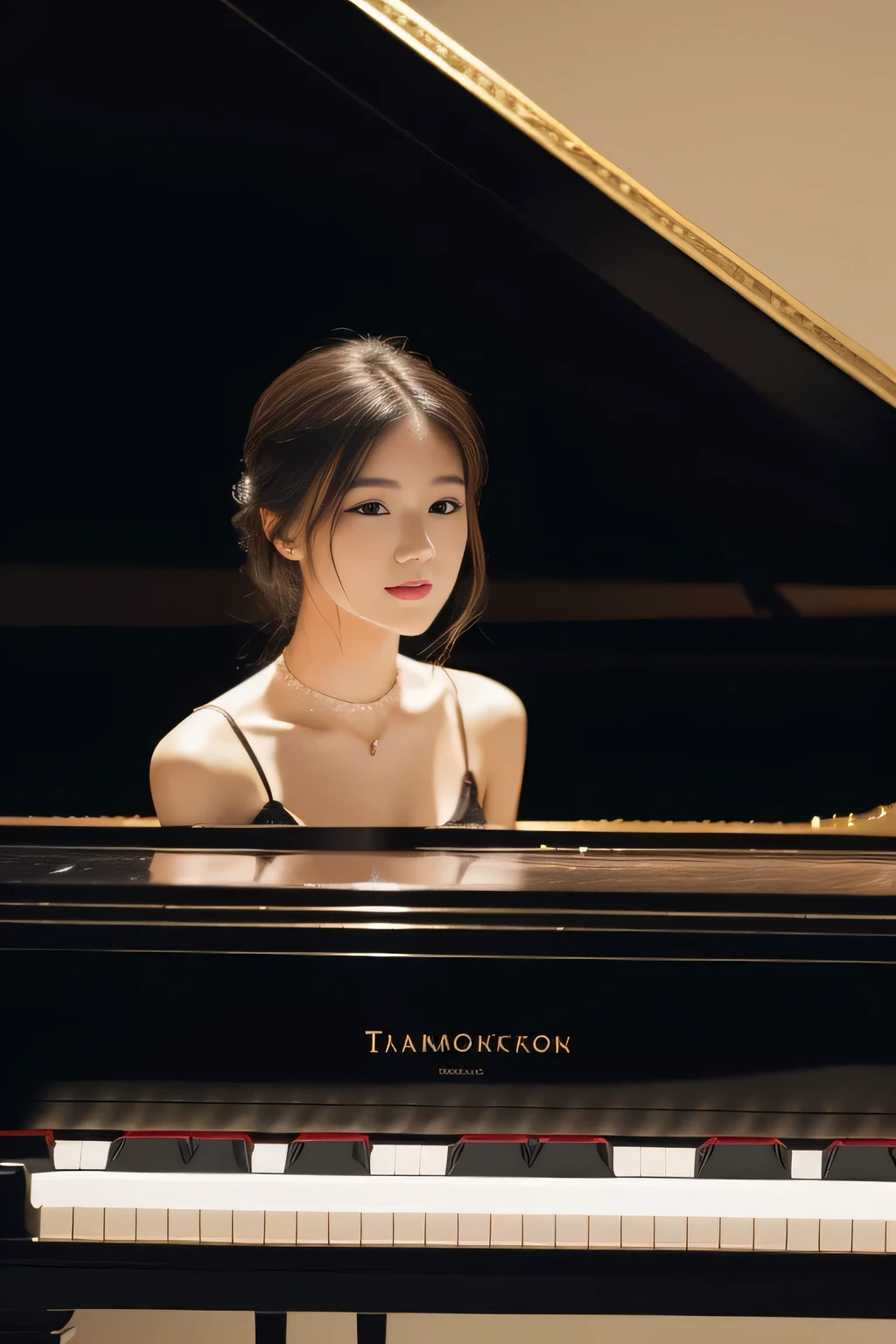 (great masterpiece、High level image quality、high quality),japanese woman、pianist、Sitting in a piano chair、play piano、Grand piano、Picture-perfect performance、beautiful melody、beautiful eyes、beautiful limbs、Playing Tchaikovsky、