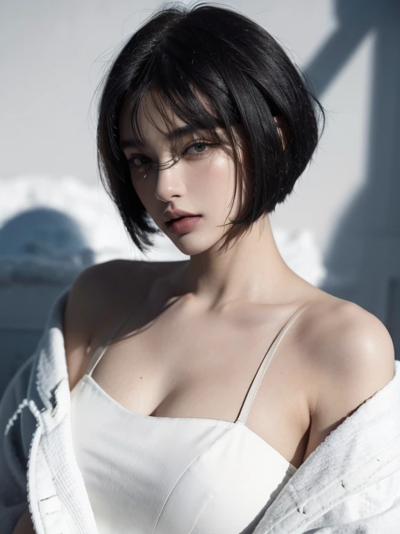 ( masterpiece, top quality, best quality,8k, girl,ultra detailed,raw photo:1.5),(photorealistic:1.4), (bob cut, black hair:1.5), (cinematic lighting), PerfectNwsjMajic, , Surrealism, UHD, ccurate, Super detail, textured skin, High detail, Best quality, dynamic angle, White skin,[Beautiful blue eyes], high nose,[flat chest:large breasts:0.5],(1girl),(good anatomy:0.5)),(snow)