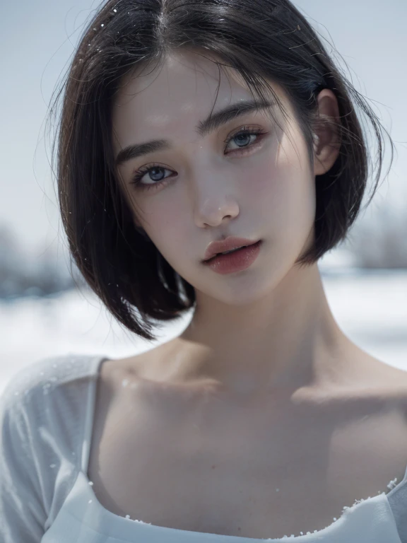 ( masterpiece, top quality, best quality,8k,17 years old girl,ultra detailed,raw photo:1.5),(photorealistic:1.4), (bob cut, black hair:1.5), (cinematic lighting), PerfectNwsjMajic, , Surrealism, UHD, ccurate, Super detail, textured skin, High detail, Best quality, dynamic angle, White skin,[Beautiful blue eyes], high nose,[flat chest:large breasts:0.5],(1girl),(good anatomy:0.5)),(snow)