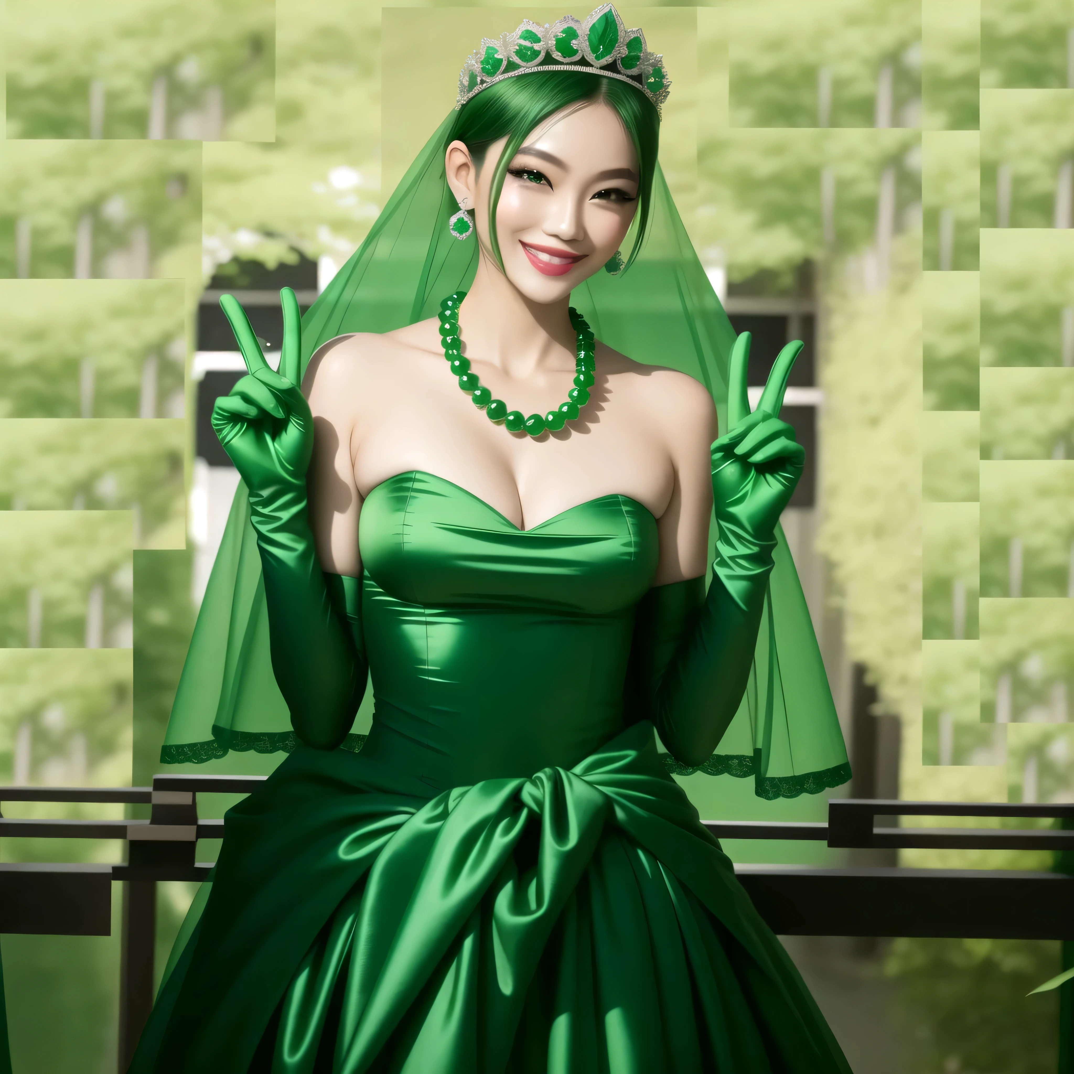 emerald tiara, green pearl necklace, boyish very short green hair, green lips, smiling Japanese woman, very short hair, Beautiful woman with big breasts, green eyes, green satin long gloves, green eyes, emerald earrings, green veil, Heart with both hands, green hair, beautiful japanese woman, V sign, green lip gloss